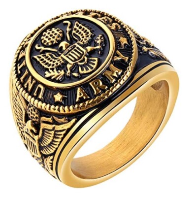 Stainless Steel Gold US Army Ring - Army Seal Biker Ring W/ US Army Flag & Eagle