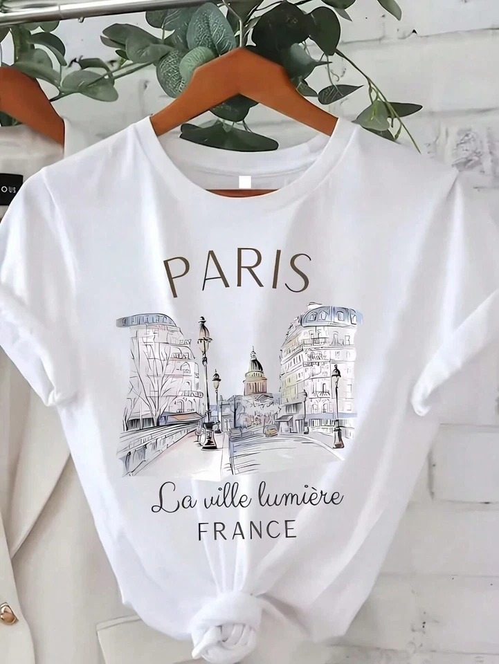 Relaxiva Women's Paris Print T-Shirt | Casual Short Sleeve Tee Top Summer Spring