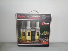 PARINI 4PC AUTO-POUR SAUCE  DISPENSERS WITH WOOD TRAY, NIB