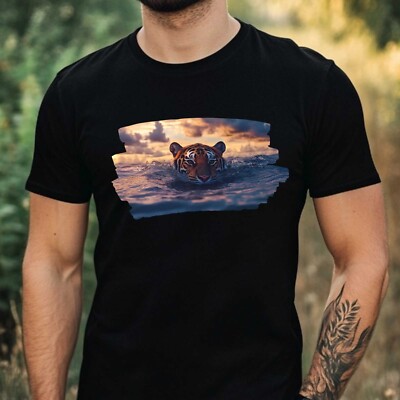 Mens Tiger Swimming In The Sea Motif Cotton T-Shirt Size XS to 5XL