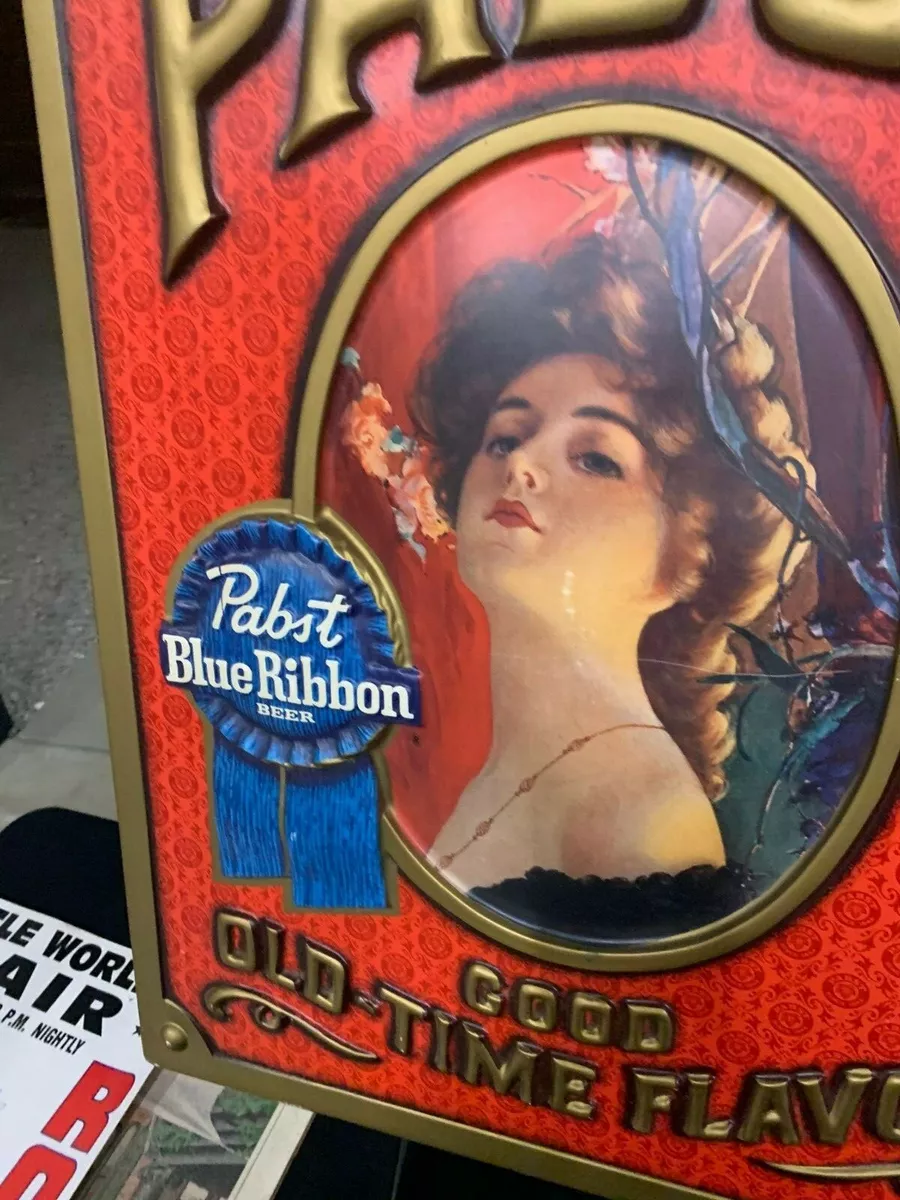 Vintage Pabst Blue Ribbon Beer PBR Embossed Parlor Girl Sign 20