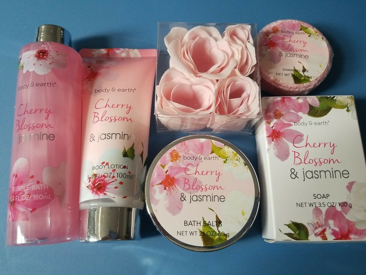 6 pc NEW Body & Earth CHERRY BLOSSOM & JASMINE Lotion Soap Shampoo