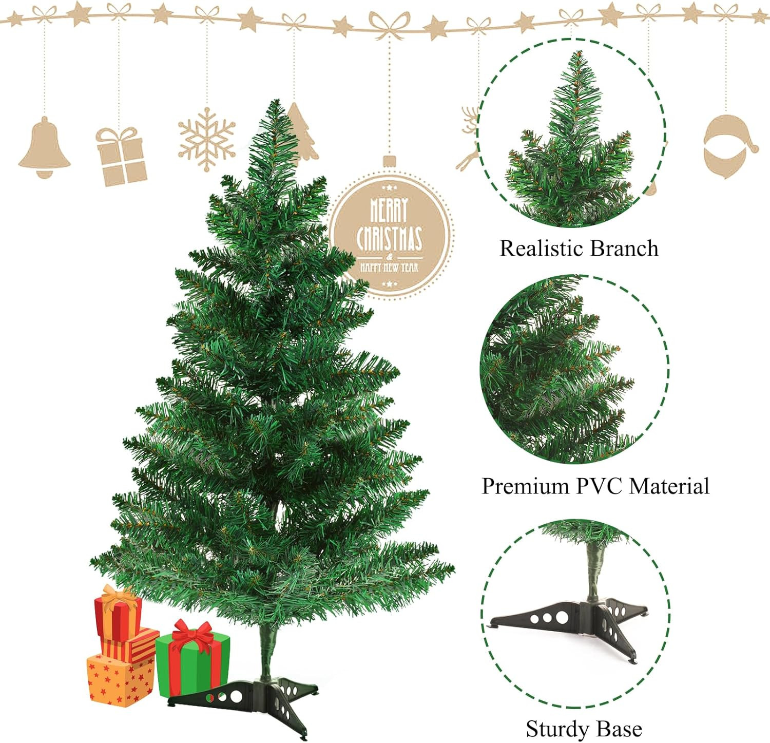 2FT Artificial Christmas Tree Tabletop Christmas Tree with Plastic Stand Mini Xm