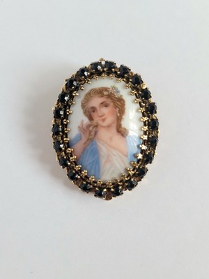 Vintage Limoges France Gold Tone Blue Rhinestone Porcelain Cameo Brooch Pendant