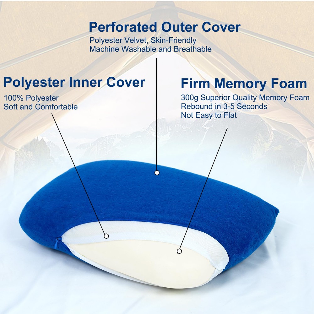 Memory Foam Camping Pillow for Backpacking - Soft Velvet Blue Travel Sleep Aid