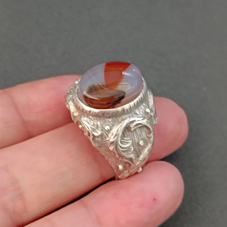 Anillo Para Hombre Art Nouveau Renacimiento Plata 925 Piedra Esterlina Probada Retro De Colección 11 Foto 2 de 4