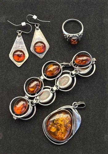VTG Sterling Silver Baltic Amber Jewelry Set Bracelet, Pendant, Earrings & Ring