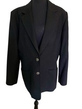 Talbots 100 Worsted Wool Black Blazer Sz 14 Petite Crest Buttons USA 90s VTG