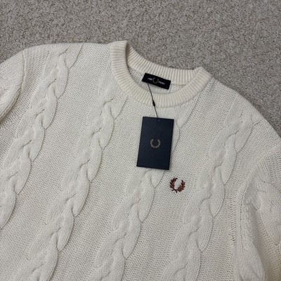 Fred Perry Crew Neck Jumper Mens Large L Cream Cable Knit Wool Blend BNWT
