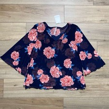 Leo & Nicole Womens Floral Bell Sleeve Top Size Large Navy Blue Made In USA