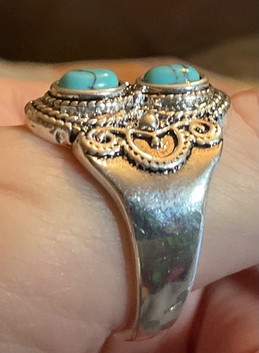 Dual Stone Turquoise Ring Silver Plated Size 10.75 Tribal Scroll FREE SHIPPING - Picture 4 of 6