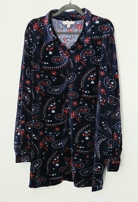 Woman Within Velvet Tunic Top 30/32 3X Button Up Navy Paisley Floral Soft Comfy