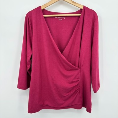 Soft Surroundings Alyssa Knit Top Women Petite XL Faux Wrap 3/4 Sleeve Pink Pima