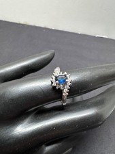 Silver Blue Sapphire Halo White Stones Ring 925 Stamped Vintage Style Size 8 Wom