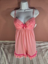Fredericks Of Hollywood Vintage Peach Knit Lace Chemise  Thong Set L Y2K NWT