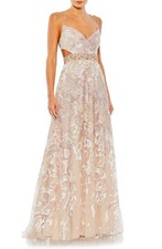 Mac Duggal 68501 Floral Sequin Strappy Sequin A-Line Gown SZ 16 Oyster $498