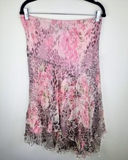 F&F Womens Skirt UK 14 Pink Floral Leopard Print Ruffle Hem Midi Stretch