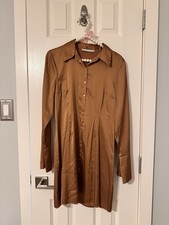 Abercrombie & Fitch Brown Satin Shirt Dress Collared Long Bell Sleeve S