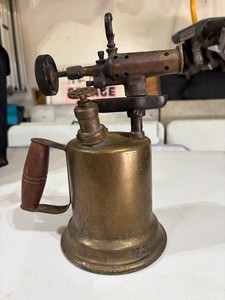 Antique Brass Blowtorch with Wood Handle & Prominent Circular Adjustment Knob