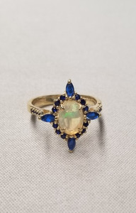 Authentic Lab Created Halo Oval Opal & Sapphire Gold Plated Sterling Silver Ring sz 7.25