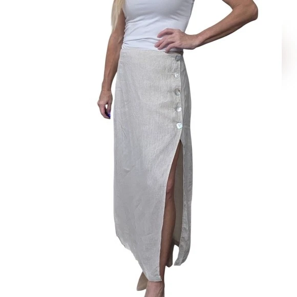Lulus 100% Linen Button Wrap Maxi Skirt Beige Size M
Opens in a new window or tab