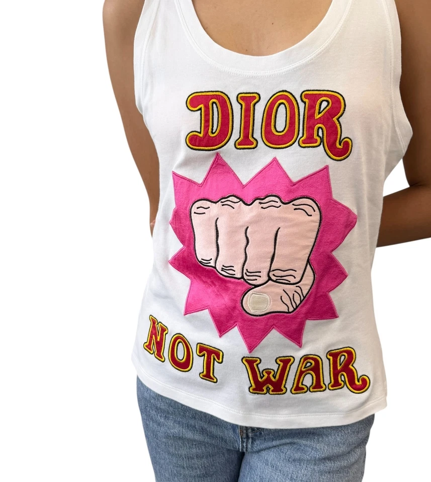 Christian Dior Vintage 2005 Not War Logo Tank Top #40 White Galliano Cotton - Image 3 of 4