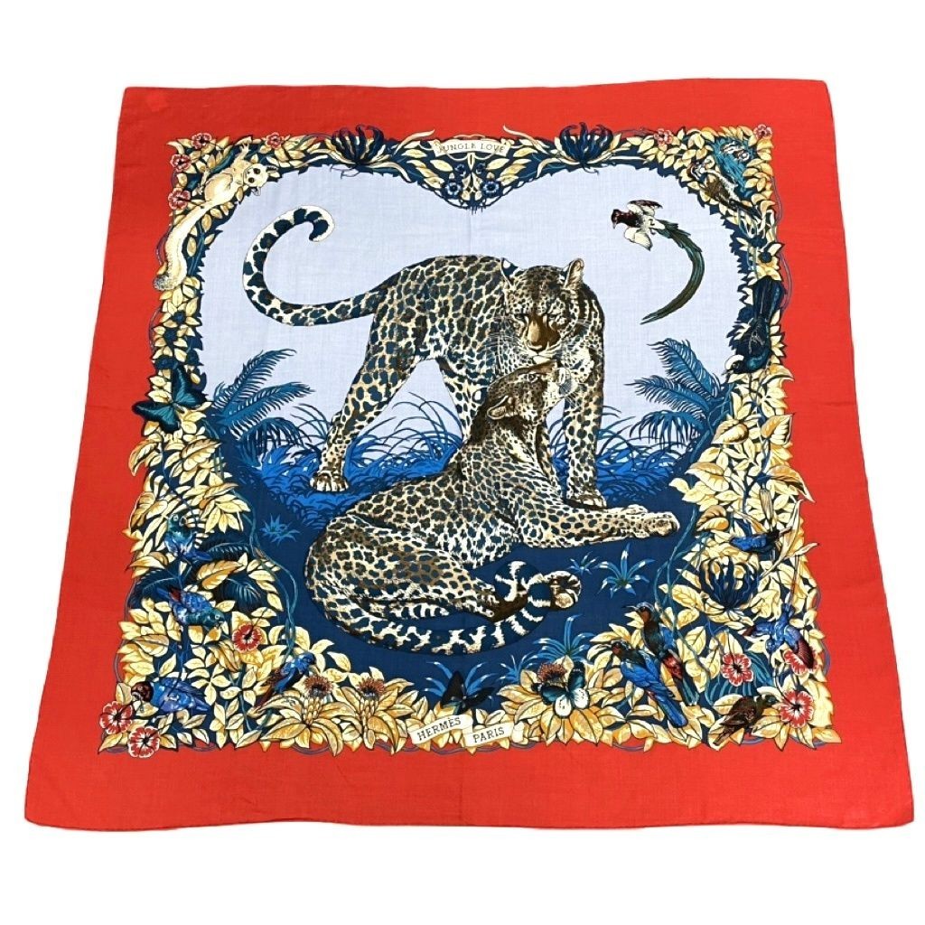 Hermes Jungle Love Scarf Carre140 Cashmere Silk DIP DYE Red Multicolor MINT Auth