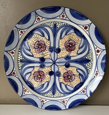 Vintage Talavera Style Hand Painted Ceramic Plate Blue Floral Wall Decor L35.5cm