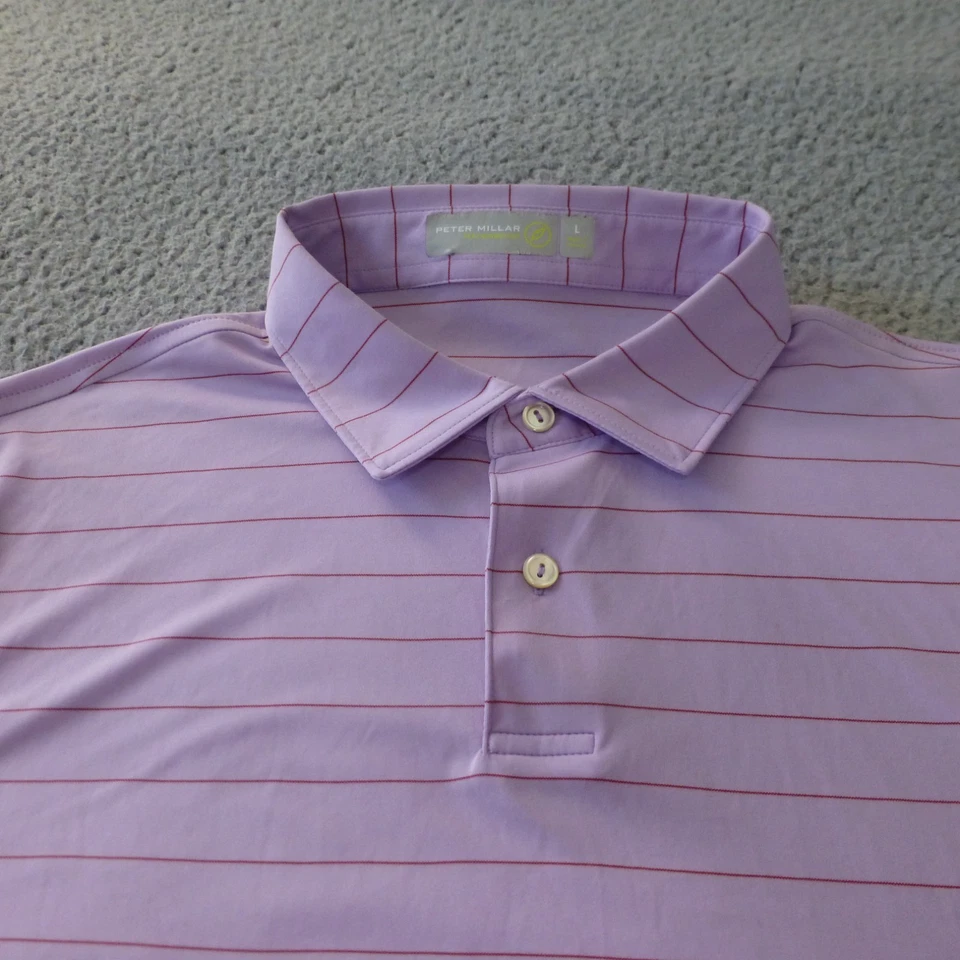 Camisa Polo Peter Millar Para Hombre Grande Peso Pluma Golf Púrpura Rayas Rendimiento Foto 3 de 4