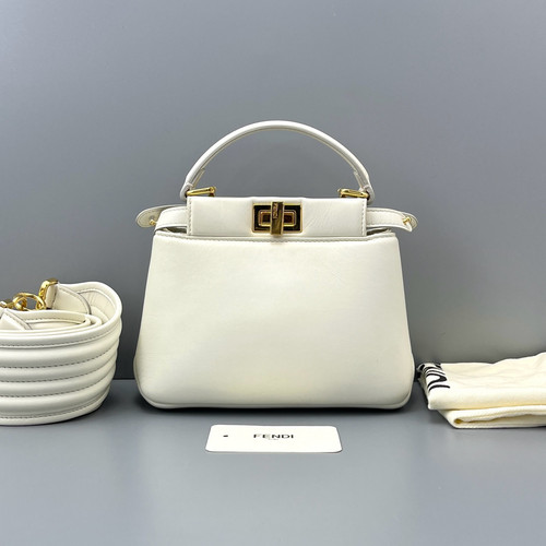 Authentic Fendi Peekaboo PM White Leather Top Handle Crossbody Bag Gold Hardware