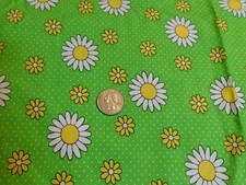 VTG FABRIC CRAZY DAISY BRIGHT GREEN DOT BACKGROUND GROOVY 1 1/2 yd FLOWER POWER