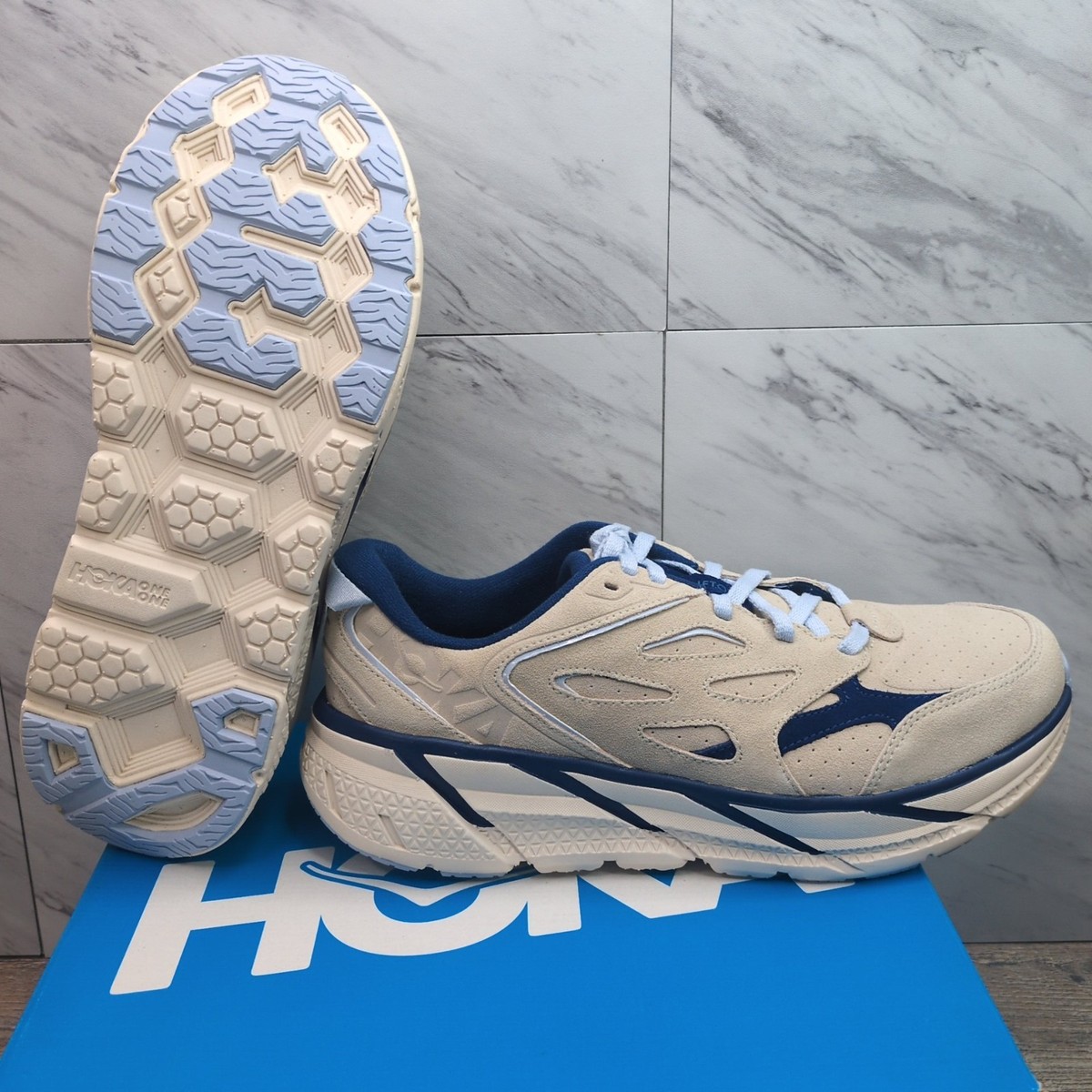 HOKA ONE ONE Clifton L Suede Men's 11 Running Shoes Oatmilk Blue