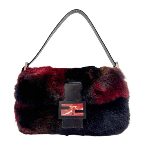 FENDI Baguette Black & Red Fur Shoulder Bag