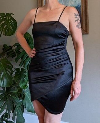 VTG Y2K Windsor Black Satin Rouched Mini Dress Bodycon Party Night Sexy Slimming