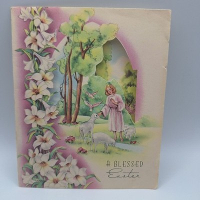 Blessed Easter Card Vintage Religious Fold-Out Lily Design Made In USA Keepsake