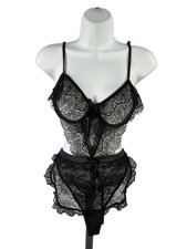 Victoria's Secret Women's Black Sheer Lace Open Back Teddy Lingerie Bodysuit - M