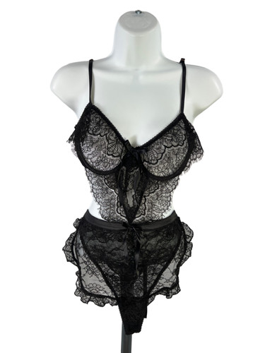 Victoria's Secret Women's Black Sheer Lace Open Back Teddy Lingerie Bodysuit - M