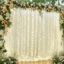 10x10ft Ivory Tulle Backdrop Curtain with Warm LED Lights Wedding Party Decor