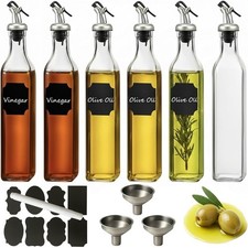 Elegant Olive Oil Dispenser Set W/ Glass Bottles Pour Spouts Funnel Labels New