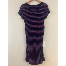 Liz Lange Maternity Striped Bodycon Dress Navy Blue Pink Ruched Short Sleeve S