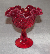 Vintage FENTON Ruby Red Hobnail Glass Ruffled Compote Candy Dish Pedestal 6"
