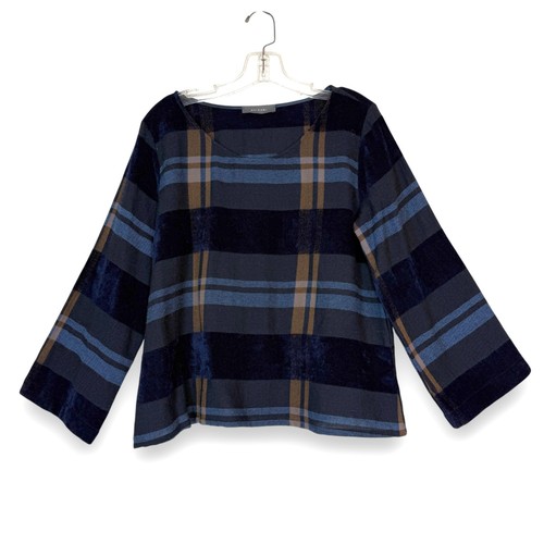 Neirami Italian Plaid Top Small Made in Italy Wool Blend Designer Blouse Blue