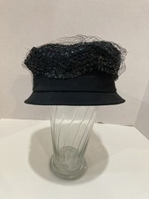 Vintage 1950s Women s Black Pillbox Hat W/Bill Raffia Netting, Red Bird