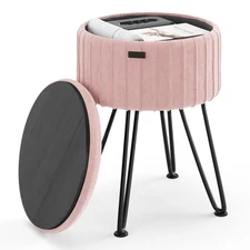 Round Ottoman with Storage, Pleated Velvet Storage Ottoman, Foot Stool Ottoma...