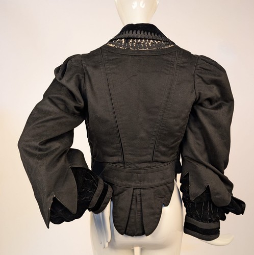 HIGH COUTURE TAILORED ANTIQUE EDWARDIAN BLACK WOOL JACKET W POINTED VELVET CUFFS - Picture 7 of 10