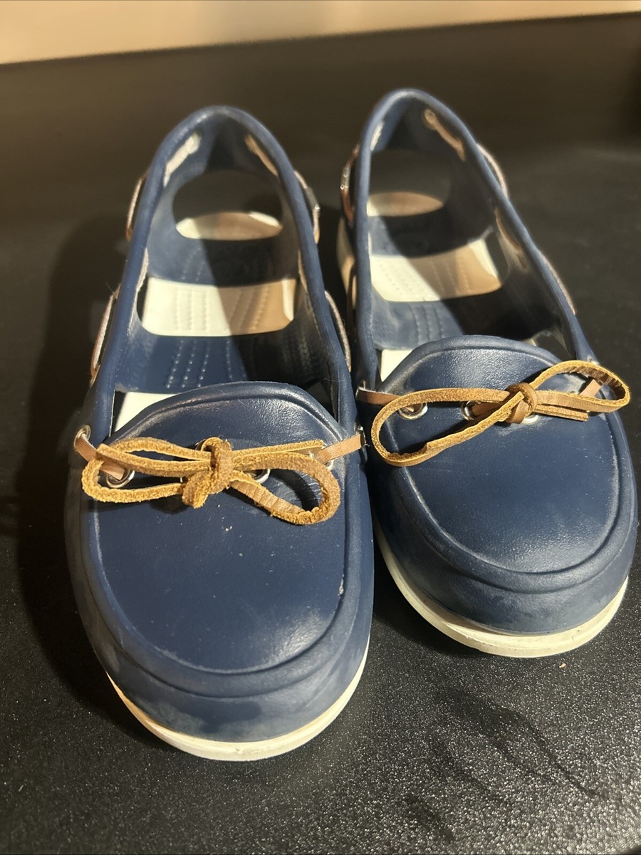 Crocs Beach Line Navy Blue White Boat Shoes Women's Size