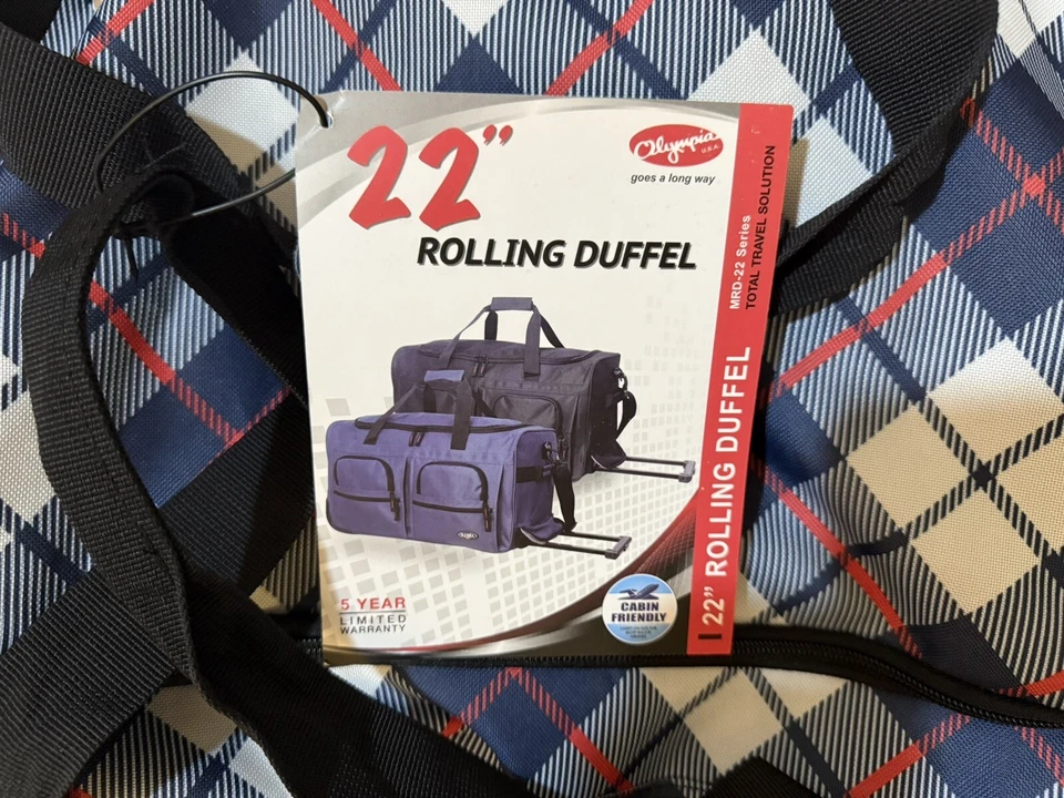 Rare Olympia 22" 8 Pocket Plaid Rolling Duffel Bag with Retractable Handle - Image 3 of 4