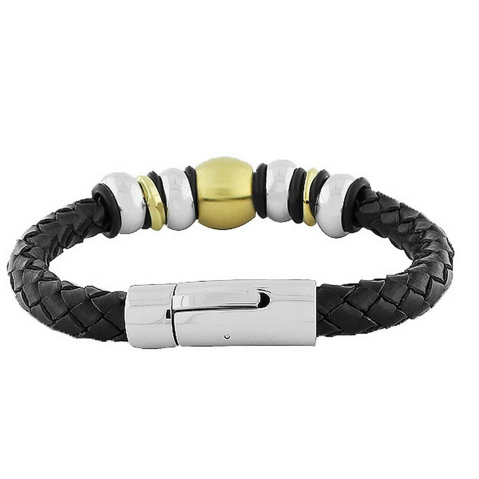 Stainless Steel Black Leather Silver Gold Tone Mens Bangle Bracelet - Image 2 of 3