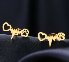 Stainless Steel Earrings Dog Paw Heartbeat Stud Earrings Gold Tone