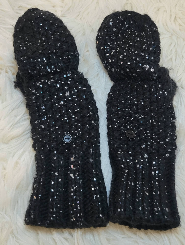 Mitones de dedo abiertos traseros con botones brillantes negros azul marino antiguos tejidos acrílicos niño S-M Yo Foto 2 de 4